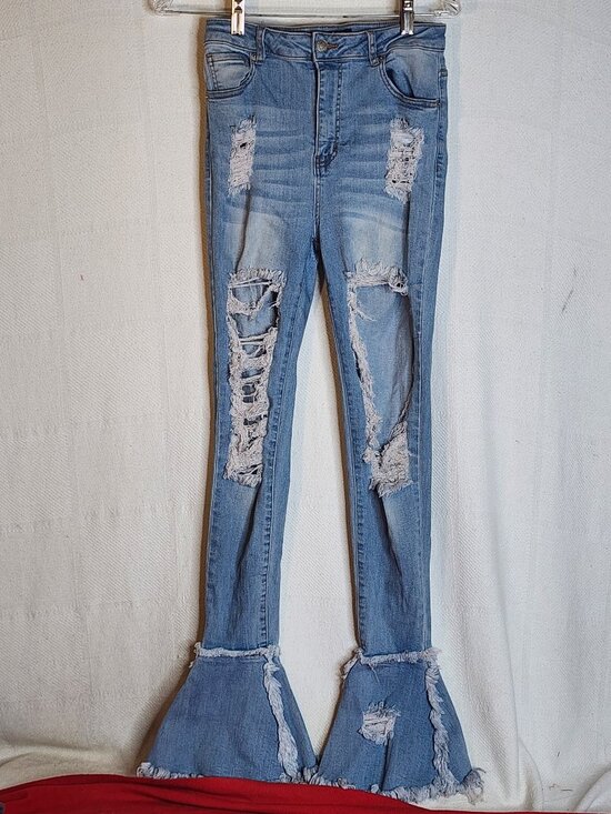 AKIRA Denim - Akira Light Wash Distressed Cotton Poly Span Fringe Flare Bottom Jeans Sz 9 W28